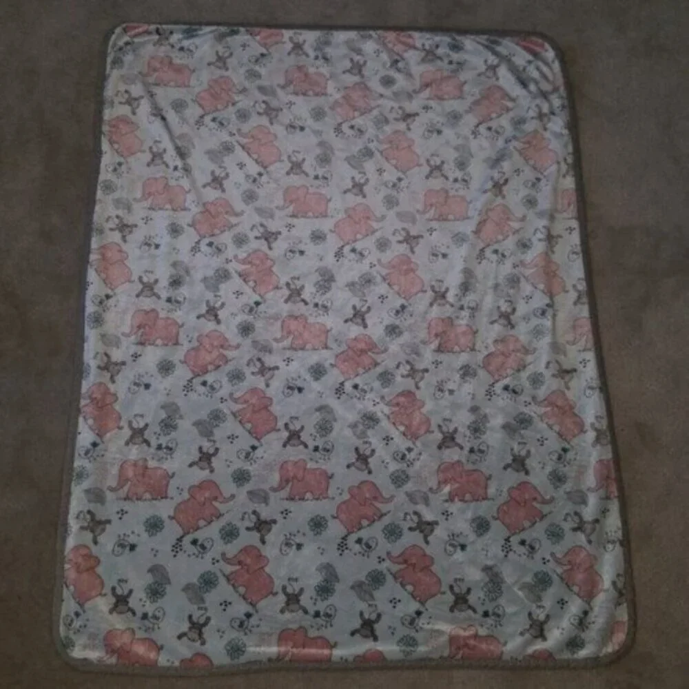 RN 119741 Elephant Monkey Bird Baby Blanket Lovey Pink Gray Greenish